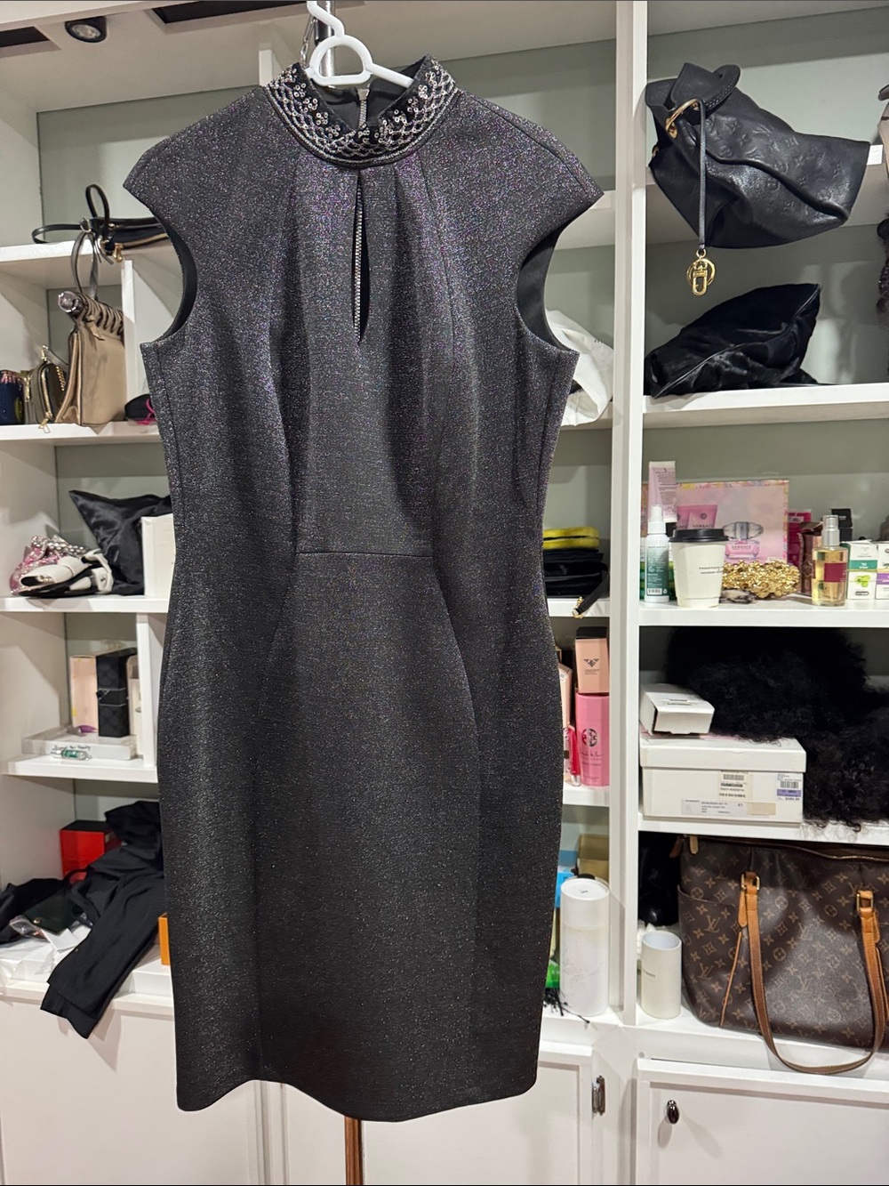 Jax Black Metallic Sheath Dress with Embellished Collar